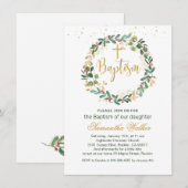 Invitation Green Gold Foliage Red Berry Croix Baptême Invitat (Devant / Derrière)