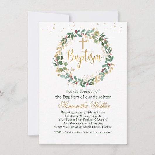 Invitation Green Gold Foliage Red Berry Croix Baptême Invitat (Devant)