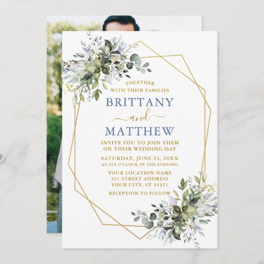 Invitation Green Gold Geo Frame Photo Mariage Dusty Blue (Devant / Derrière)