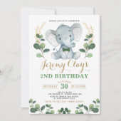 Invitation Green Gold Jungle Baby Elephant 2e anniversaire (Devant)