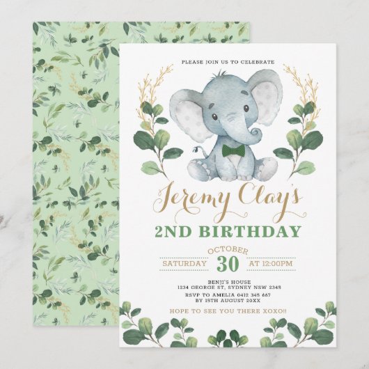 Invitation Green Gold Jungle Baby Elephant 2e anniversaire (Devant / Derrière)