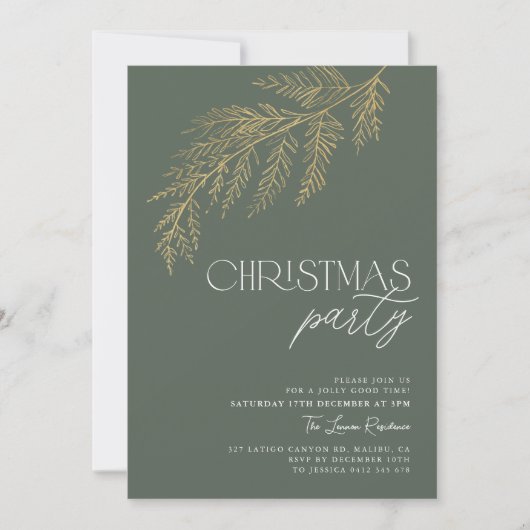 Invitation Green Gold Leaf Fête de Noël moderne (Devant)