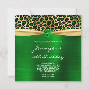 Invitation Green Gold Leopard Foil Gem Heart 50e anniversaire