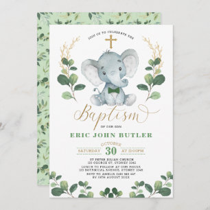 Invitation Green Gold Little Man Elephant Bowtie Baptême