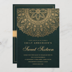 INVITATION GREEN GOLD ORNATE MANDALA SWEET SIXTEEN BIRTHDAY
