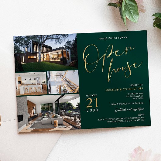Invitation Green & Gold Property Flyer Open House Four Photos