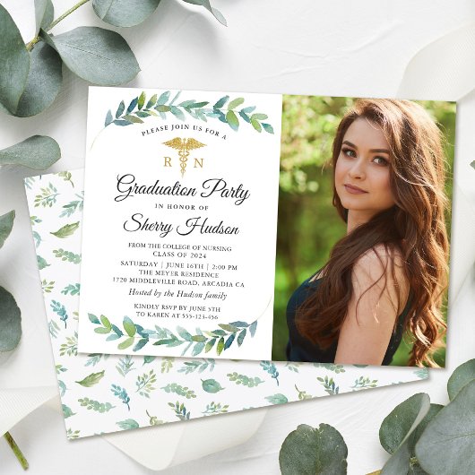 Invitation Green Gold RN Nursing Graduation Photo