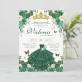 Invitation Green & Gold Roses Élégante Princesse Quinceanera (Debout devant)