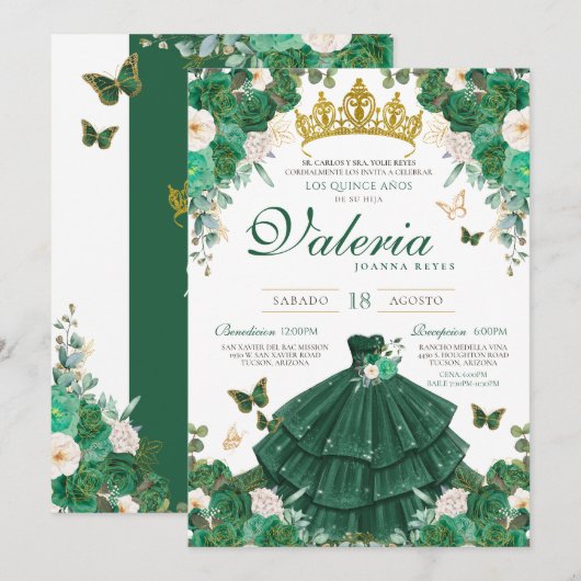 Invitation Green & Gold Roses Élégante Princesse Quinceanera (Devant / Derrière)