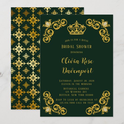 Invitation Green & Gold Royal Crown Damask Fête des mariées (Devant / Derrière)