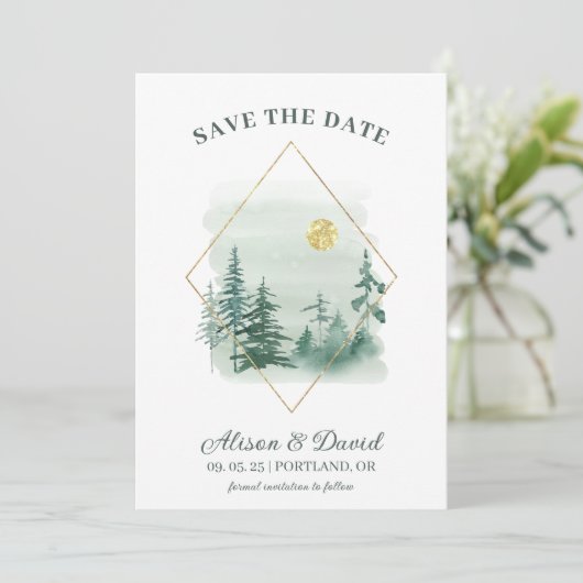 Invitation Green Gold Rustic Pine Trees Mariage Enregistrer l (Debout devant)