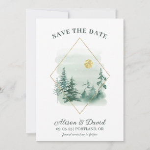 Invitation Green Gold Rustic Pine Trees Mariage Enregistrer l