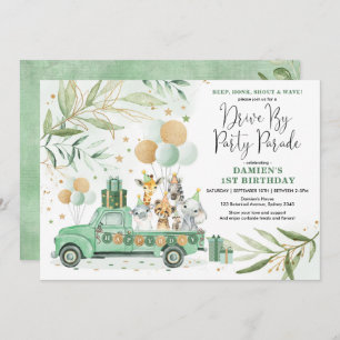 Invitation Green Gold Safari Drive By Birthday Parade