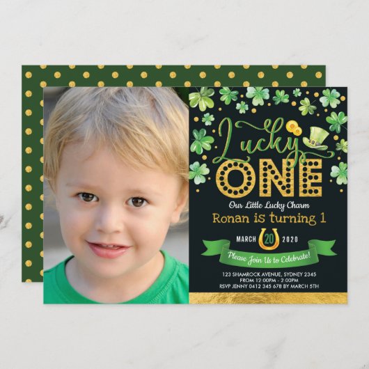 Invitation Green Gold Shamrock Lucky Charm 1er Anniversaire P (Devant / Derrière)