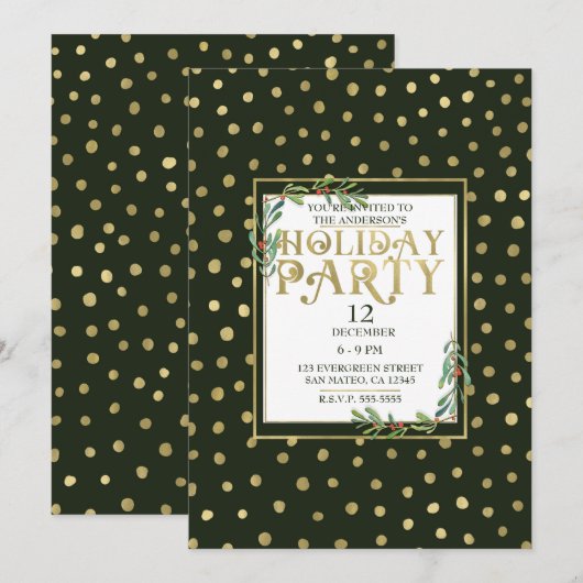 Invitation Green & Gold Snow Holiday Party (Devant / Derrière)