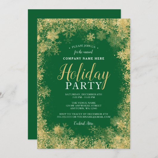 Invitation Green Gold Snowflake Corporate Holiday Party (Devant / Derrière)