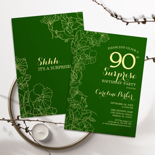 Invitation Green Gold Surprise 90e fête d'anniversaire