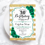 Invitation Green Gold & White Stripes Floral 30e anniversaire<br><div class="desc">Invitation de fête du 30e anniversaire. Elégant design floral vert émeraude avec rose. Fonctionne de faux parties scintillant or et bandes blanches et police de script. Idéal pour une célébration anniversaire féminine élégante. Peut être customisé pour n'importe quel âge ! Invitations Zazzle imprimées ou téléchargement instantané modèle imprimable numérique.</div>