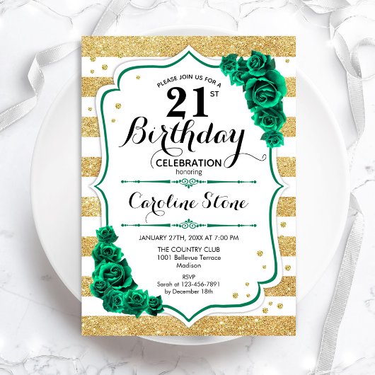 Invitation Green Gold White Stripes Rose 21e anniversaire
