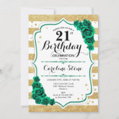Invitation Green Gold White Stripes Rose 21e anniversaire (Devant)