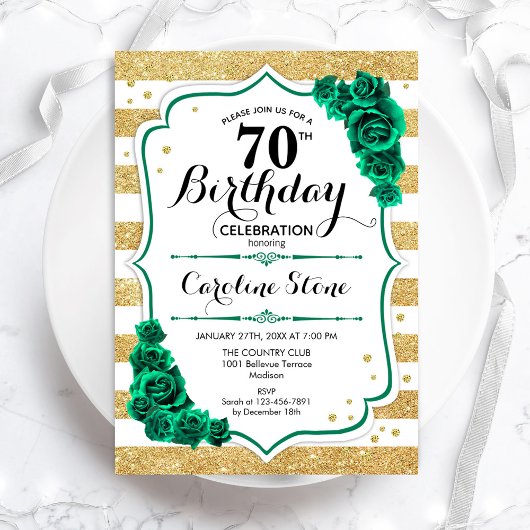 Invitation Green Gold White Stripes Rose 70e anniversaire