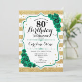 Invitation Green Gold White Stripes Rose 80e anniversaire (Debout devant)