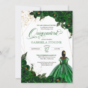 Invitation Green Gown Élégant Rose Afrolatina Quinceanera