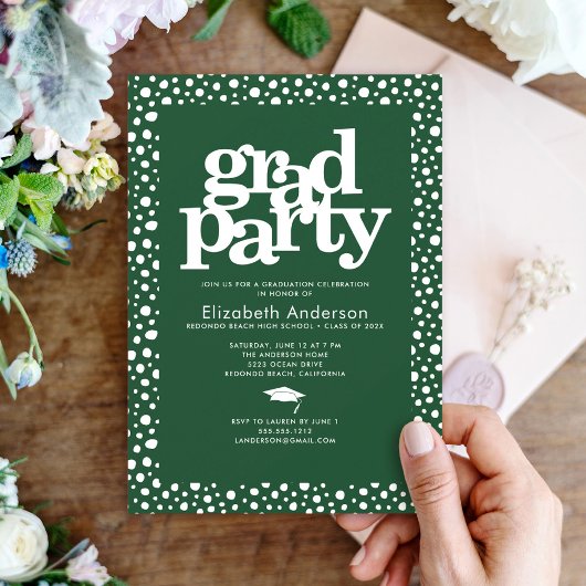 Invitation Green grad party audacieuse typographie moderne st
