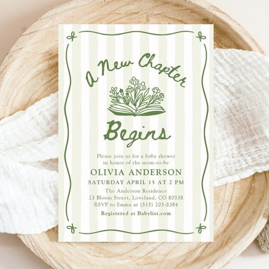 Invitation Green Hand Drawn A New Chapter Begins Baby Shower