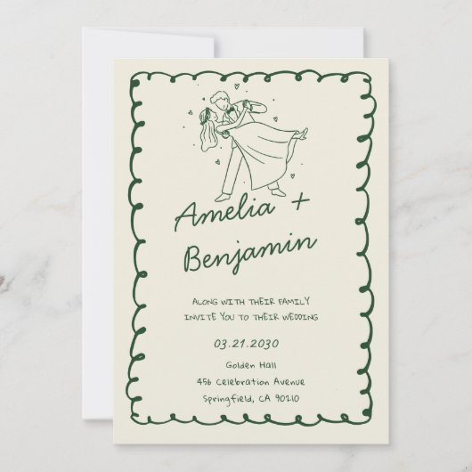 Invitation green hand drawn couple Whimsical Wedding (Devant)