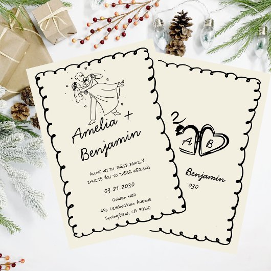 Invitation green hand drawn couple Whimsical Wedding 