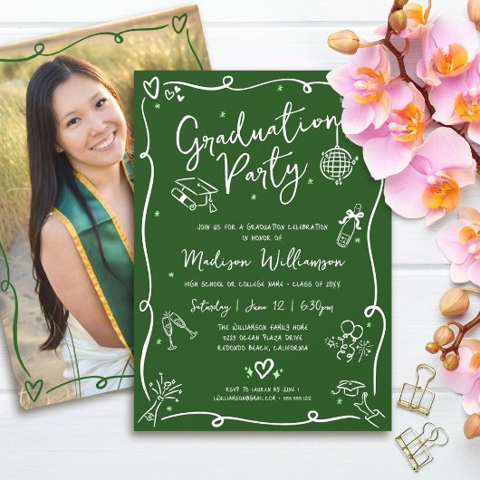 Invitation Green Hand Drawn Doodles Photo Graduation Party