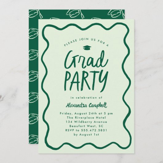 Invitation Green Hand Drawn Squiggle Graduation Party (Devant / Derrière)
