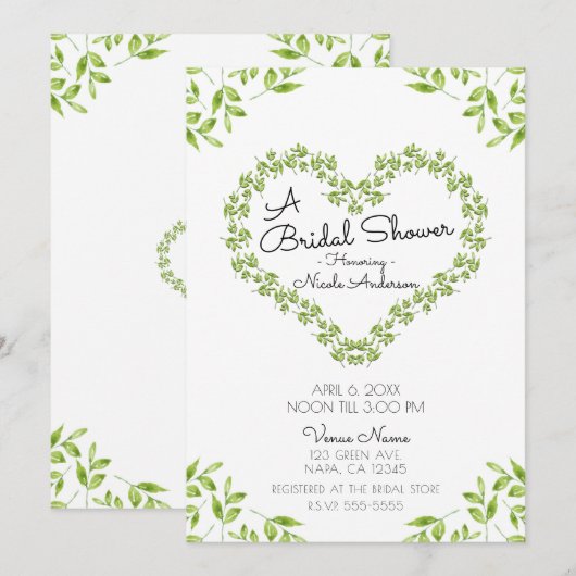 Invitation Green Heart Feuilles Shabby Chic Fête des mariées (Devant / Derrière)
