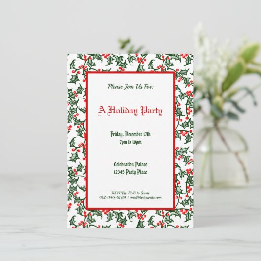Invitation Green Holly Motif Holiday modifiable 4,5 x 6,25 po (Debout devant)