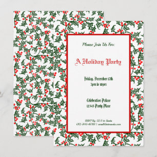 Invitation Green Holly Motif Holiday modifiable 4,5 x 6,25 po