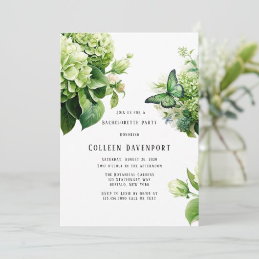 Invitation Green Hydrangea Butterfly Bachelorette (Debout devant)