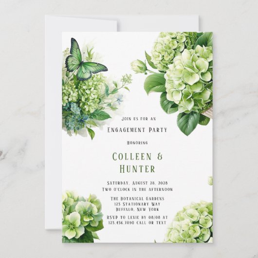 Invitation Green Hydrangea Butterfly Floral Engagement Party (Devant)