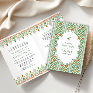 Invitation Green Ikat All in One Anand Karaj Sikh Mariage
