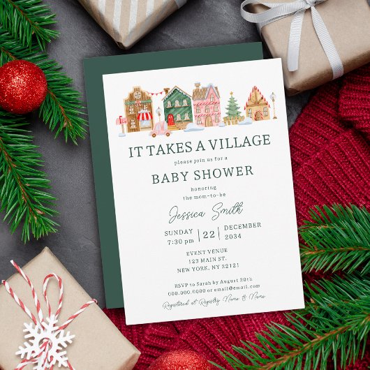 Invitation Green Il Faut Un Baby shower De Noël Village