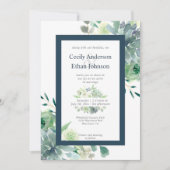 Invitation Green & Indigo Succulents Fleurs blanches Mariage (Devant)