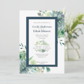 Invitation Green & Indigo Succulents Fleurs blanches Mariage (Debout devant)