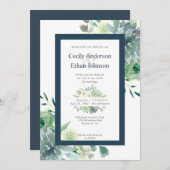 Invitation Green & Indigo Succulents Fleurs blanches Mariage (Devant / Derrière)