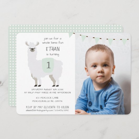 Invitation Green & Ivory Cute Llama Anniversaire de enfant Pa (Devant / Derrière)