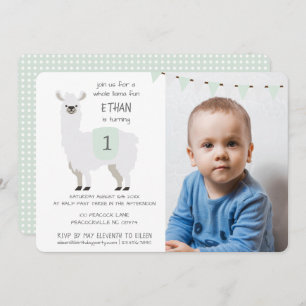 Invitation Green & Ivory Cute Llama Anniversaire de enfant Pa