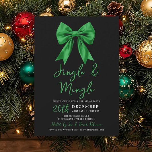 Invitation Green Jingle & Mingle Christmas Party Bow Black