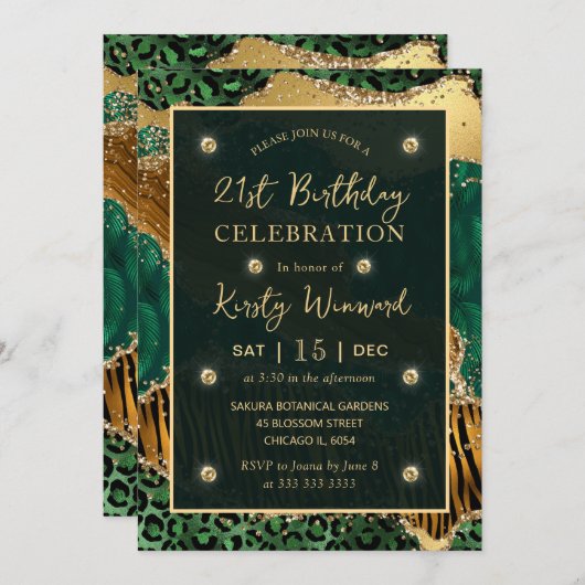 Invitation Green Jungle Safari Parties scintillant Agate 21e  (Devant / Derrière)
