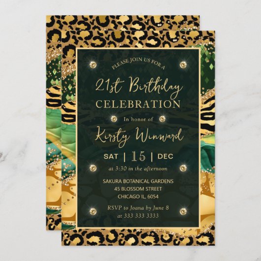 Invitation Green Jungle Safari Parties scintillant Agate 21e (Devant / Derrière)
