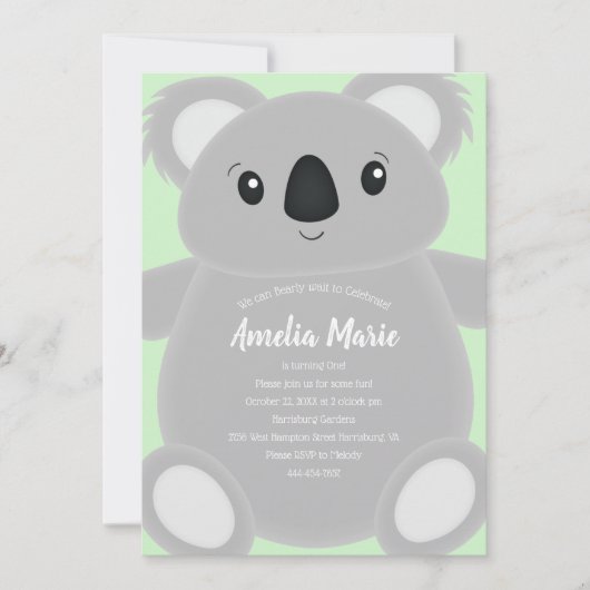 Invitation Green Koala Bear fête d'anniversaire (Devant)