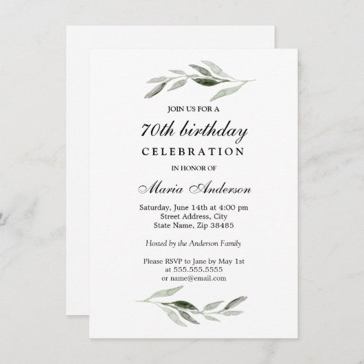 Invitation Green Leaf Fête des hommes ou des femmes 70e anniv (Devant / Derrière)